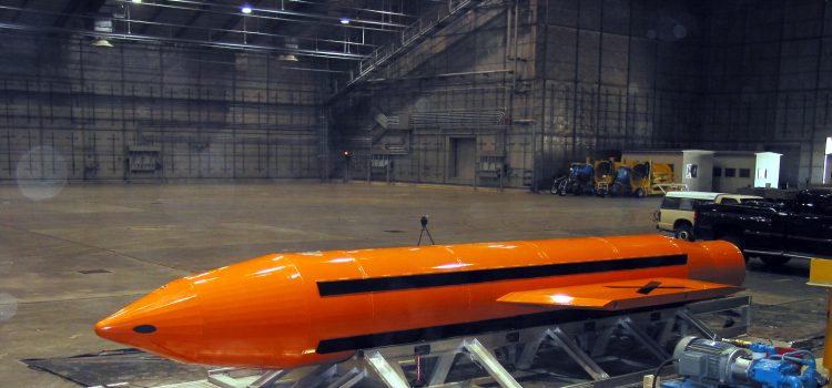 030311-D-9085M-007
A Massive Ordnance Air Blast (MOAB) weapon is prepared for testing at the Eglin Air Force Armament Center on March 11, 2003. The MOAB is a precision-guided munition weighing 21,500 pounds and will be dropped from a C-130 Hercules aircraft for the test. It will be the largest non-nuclear conventional weapon in existence. The MOAB is an Air Force Research Laboratory technology project that began in fiscal year 2002 and is to be completed this year. DoD photo. (Released)
