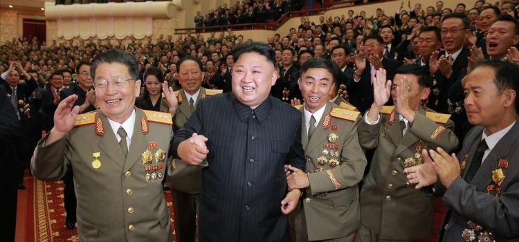CONTACT WITH YONHAPNEWS AGENCY Pyongyang Korea Democratic People s Republic Of 10 09 2017 - North Korean leader Kim Jong-un 2nd from L holding hands with other ranking officials at a banquet in celebration of its latest nuclear test conducted Pyongyang North Korea 03 September 2017 Issued 10 September 2017 EFE EPA YONHAP SOUTH KOREA OUT HANDOUT EDITORIAL USE ONLY NO SALES